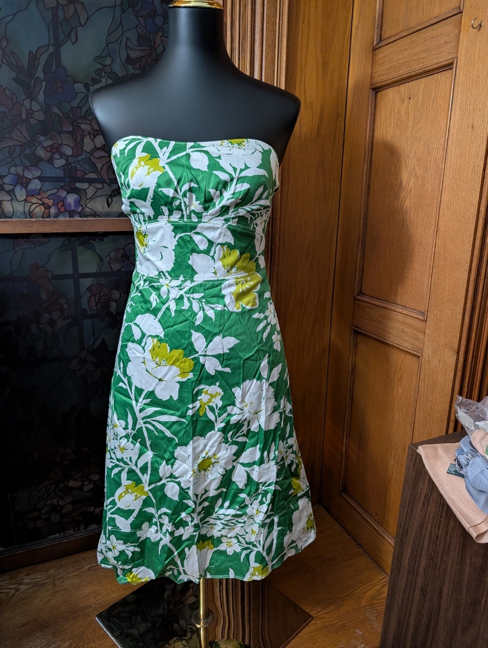 J. Crew Green Strapless Dress with White & Yellow Flowers